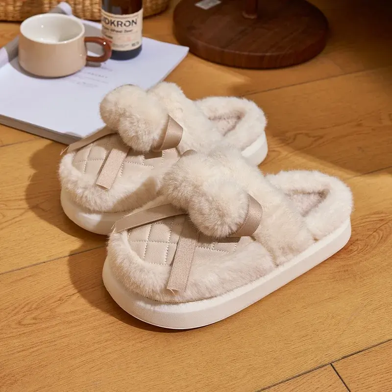 Women Winter Warm Short Plush Home Slippers Female Soft Thick Bottom Home Slippers Woman Non Slip Flat Heel Indoor Cotton Slides