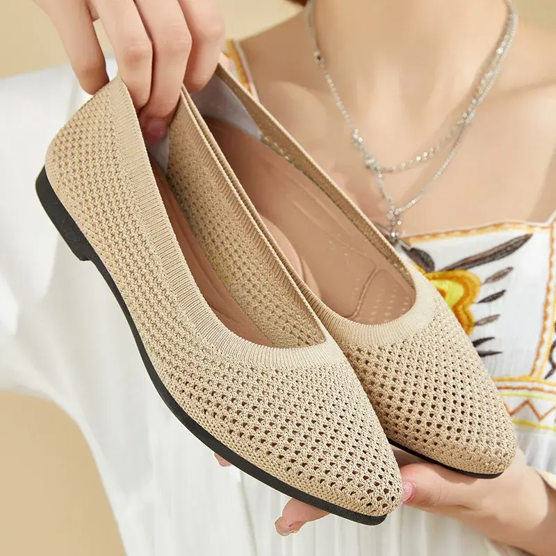 Summer New Solid Pointed Toe Flat Heel Zapatos Shoes Soft Sole Casual Breathable Women's Hollow Knitted Shoes