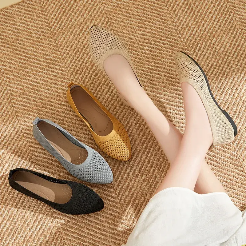 Summer New Solid Pointed Toe Flat Heel Zapatos Shoes Soft Sole Casual Breathable Women's Hollow Knitted Shoes