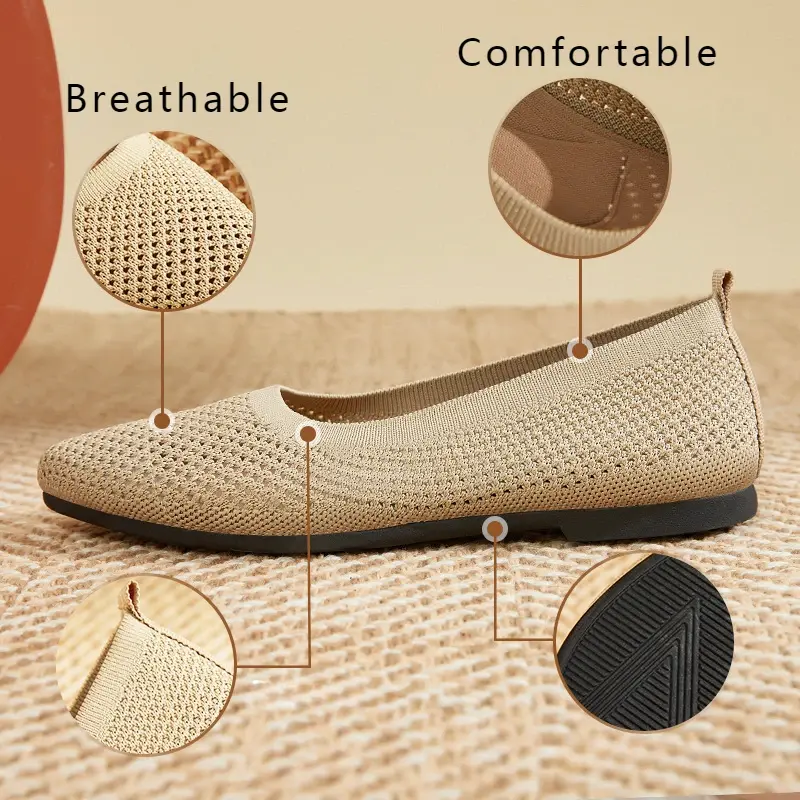 Summer New Solid Pointed Toe Flat Heel Zapatos Shoes Soft Sole Casual Breathable Women's Hollow Knitted Shoes