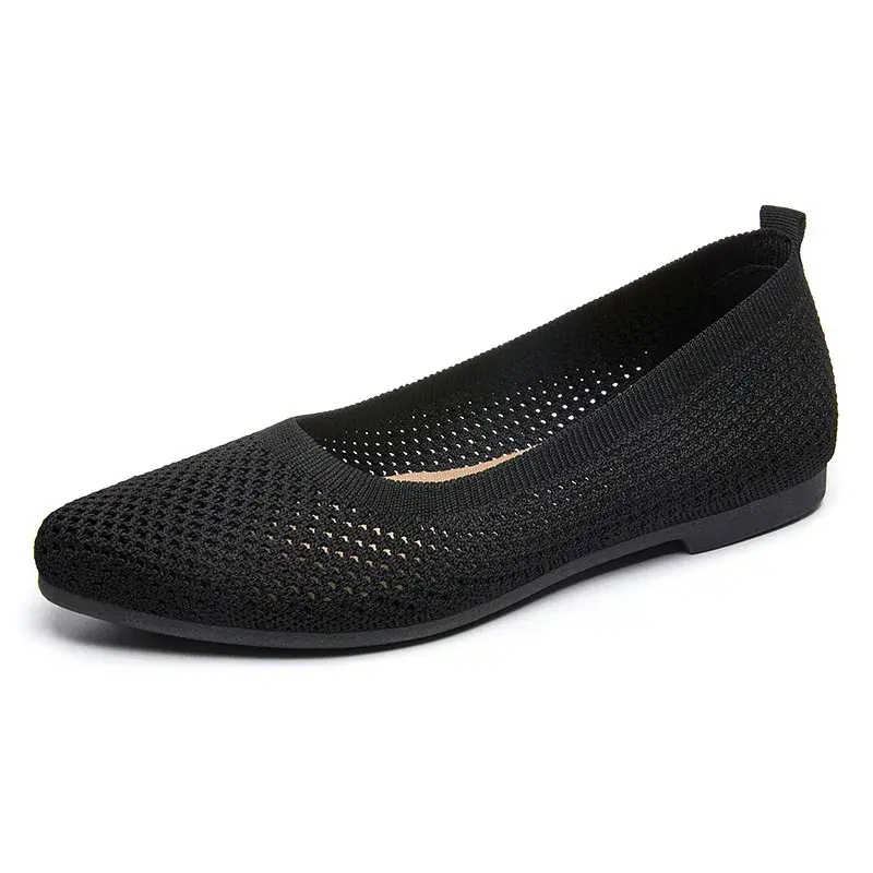 Summer New Solid Pointed Toe Flat Heel Zapatos Shoes Soft Sole Casual Breathable Women's Hollow Knitted Shoes
