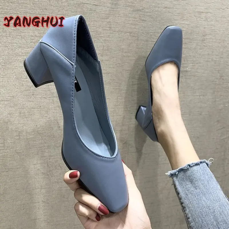 Fashion New Style Women's High Heels, Solid Color, Shallow Mouth, Square Head, Large Women's Shoes, Versatile Temperament 35-41