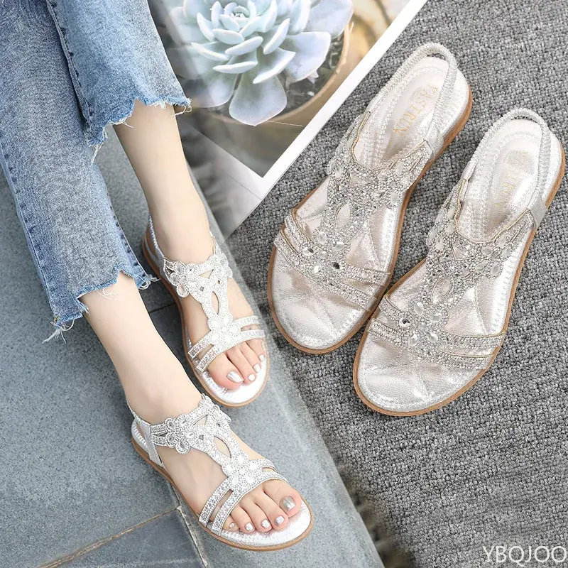 Women Flat Rhinestone Sandals Bohemian Sandals Summer New Non Slip BeachElastic Low Heels Roman Sandals Sandalias Mujer