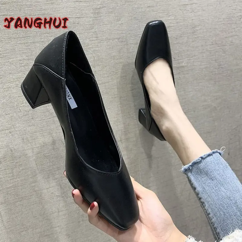 Fashion New Style Women's High Heels, Solid Color, Shallow Mouth, Square Head, Large Women's Shoes, Versatile Temperament 35-41