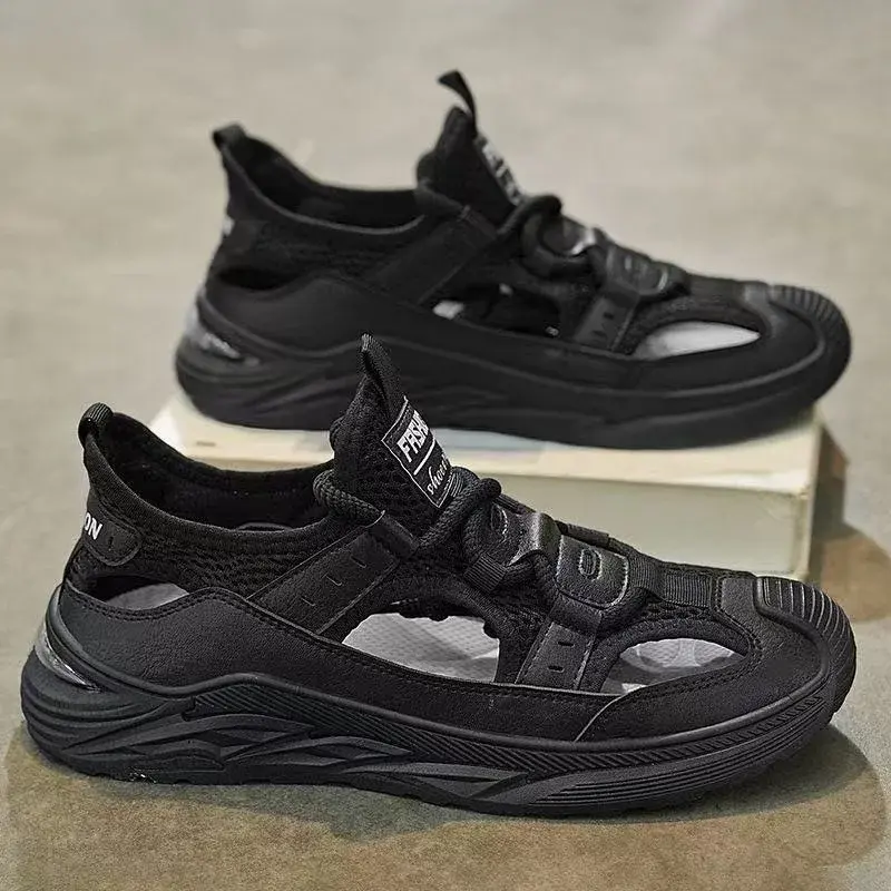 2025 Men Rubber Shoes Sport Man Summer Sandals Leather Italian Men’s Beach Tennis  Fashion Hollow Out Lace-Up Slippers