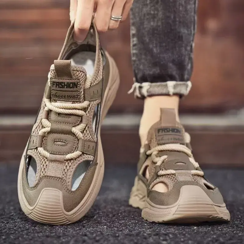 2025 Men Rubber Shoes Sport Man Summer Sandals Leather Italian Men’s Beach Tennis  Fashion Hollow Out Lace-Up Slippers