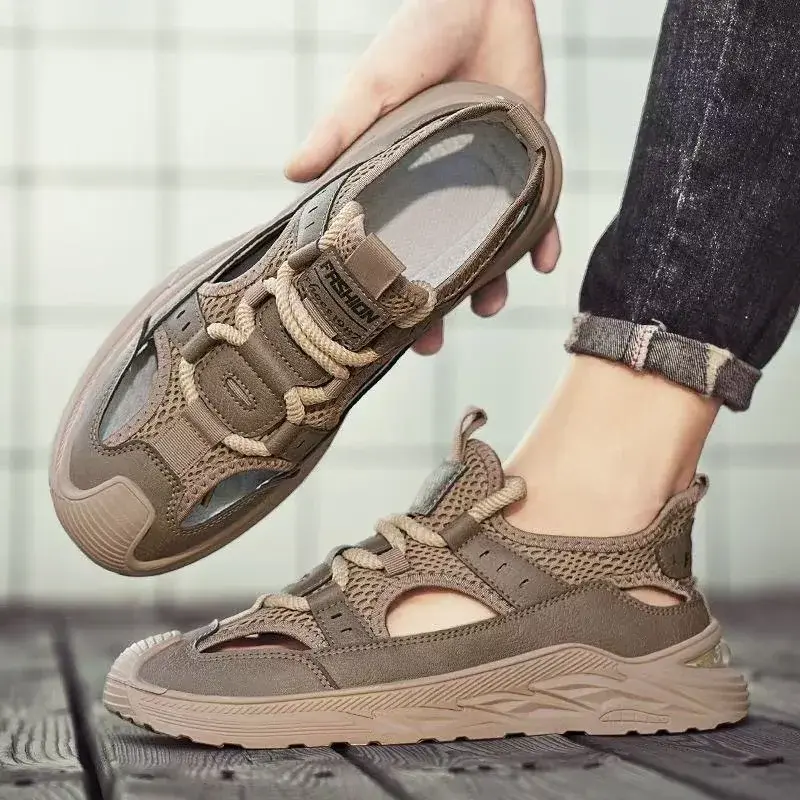 2025 Men Rubber Shoes Sport Man Summer Sandals Leather Italian Men’s Beach Tennis  Fashion Hollow Out Lace-Up Slippers