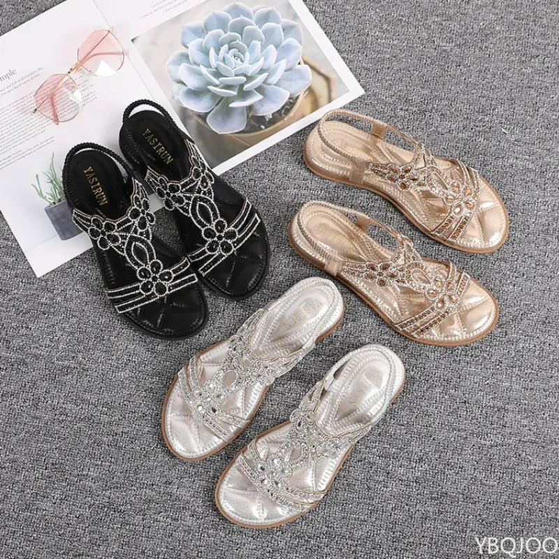Women Flat Rhinestone Sandals Bohemian Sandals Summer New Non Slip BeachElastic Low Heels Roman Sandals Sandalias Mujer