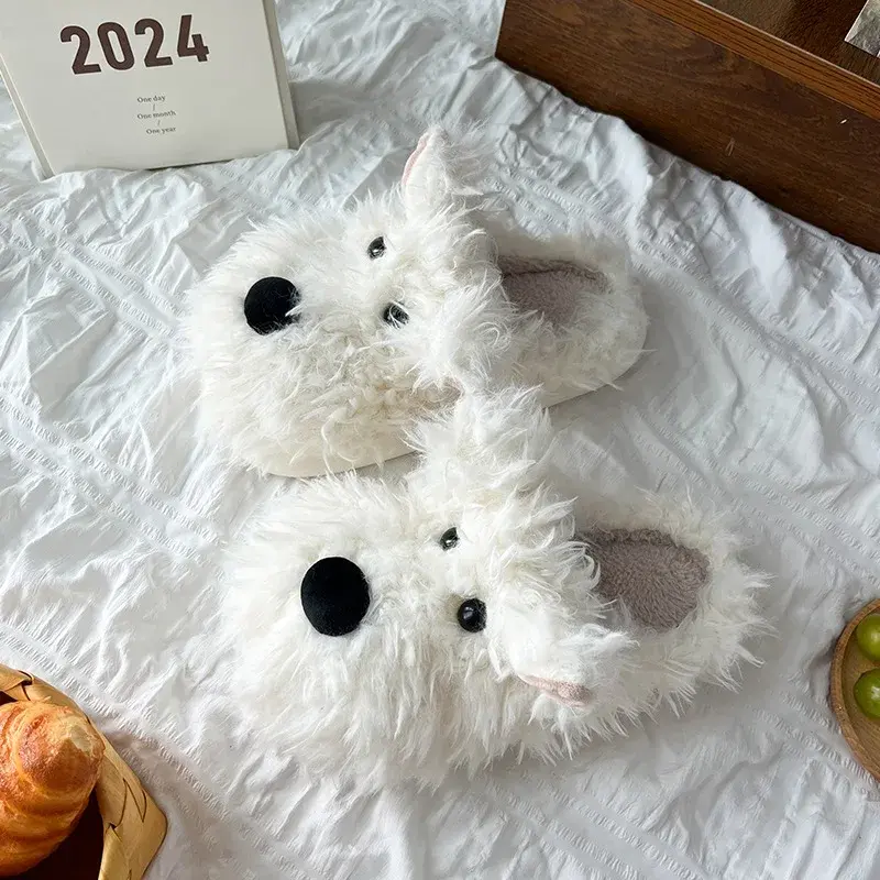 Women Fluffy Soft Sole Home Slippers Winter Casual Indoor Cartoon Puppy Cotton Slippers Woman Non Slip Flat Heels House Slides