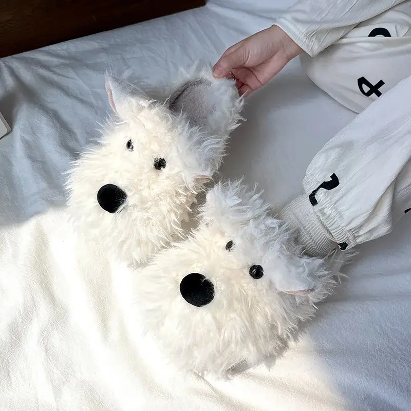 Women Fluffy Soft Sole Home Slippers Winter Casual Indoor Cartoon Puppy Cotton Slippers Woman Non Slip Flat Heels House Slides