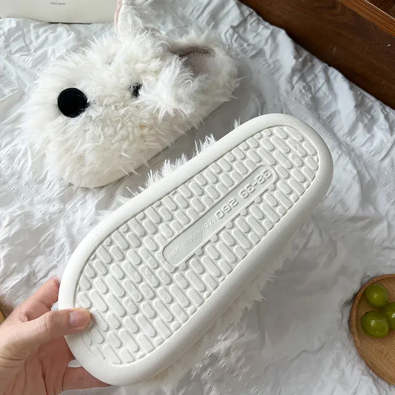 Women Fluffy Soft Sole Home Slippers Winter Casual Indoor Cartoon Puppy Cotton Slippers Woman Non Slip Flat Heels House Slides