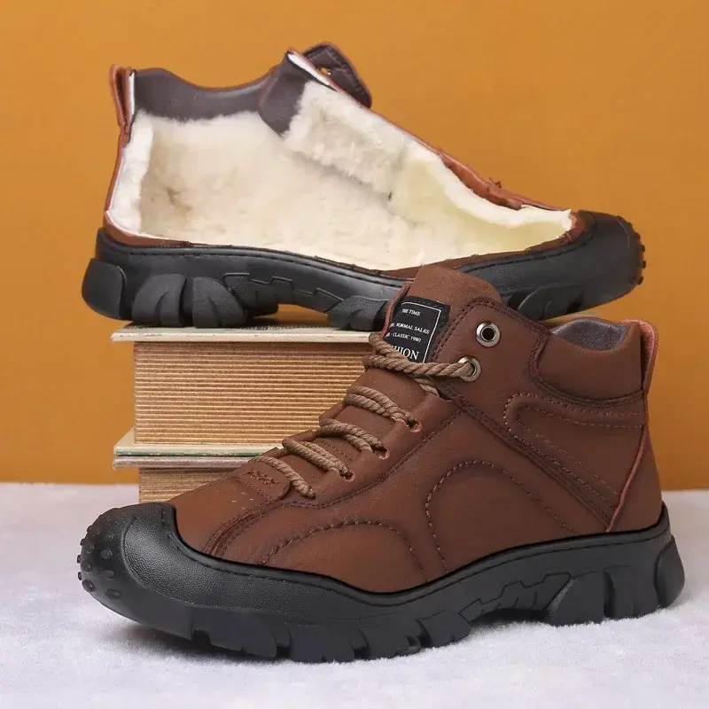 Snow Boots Wear-resistant Sole Man Boots Wool Warm Comfort Winter Walking Boots High Top Lace Up Men Cotton Ankle Platform Shoes