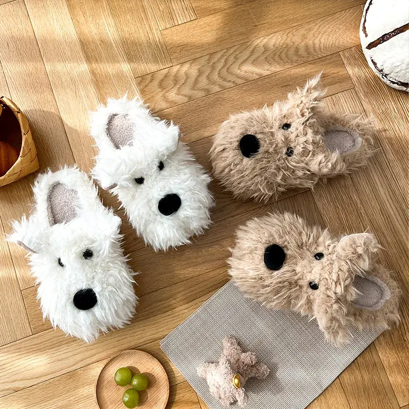 Women Fluffy Soft Sole Home Slippers Winter Casual Indoor Cartoon Puppy Cotton Slippers Woman Non Slip Flat Heels House Slides