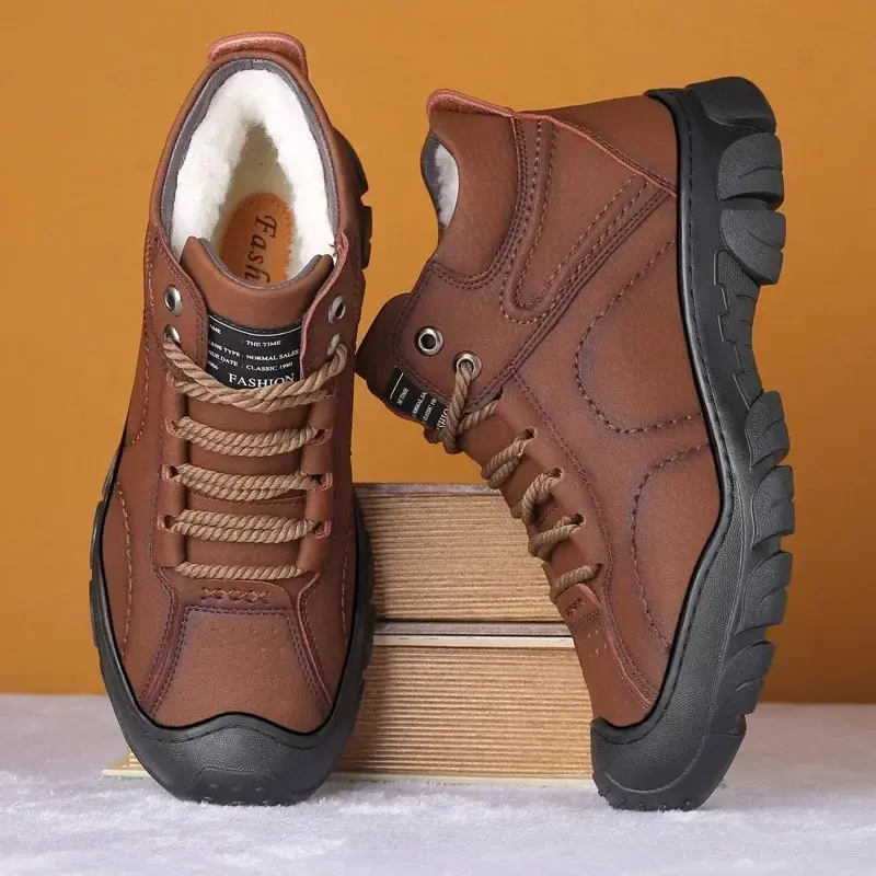 Snow Boots Wear-resistant Sole Man Boots Wool Warm Comfort Winter Walking Boots High Top Lace Up Men Cotton Ankle Platform Shoes