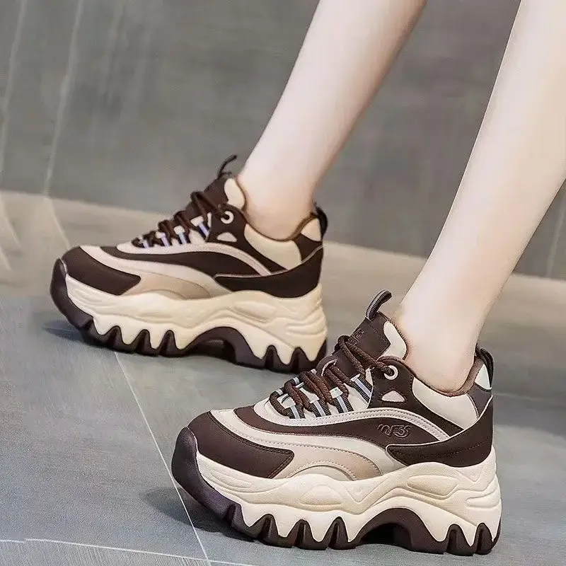 Sneakers Women Casual White Shoes 8CM Fashion Height Increasing Thick Bottom Spring Platform Leather Woman Chunky Sneakers