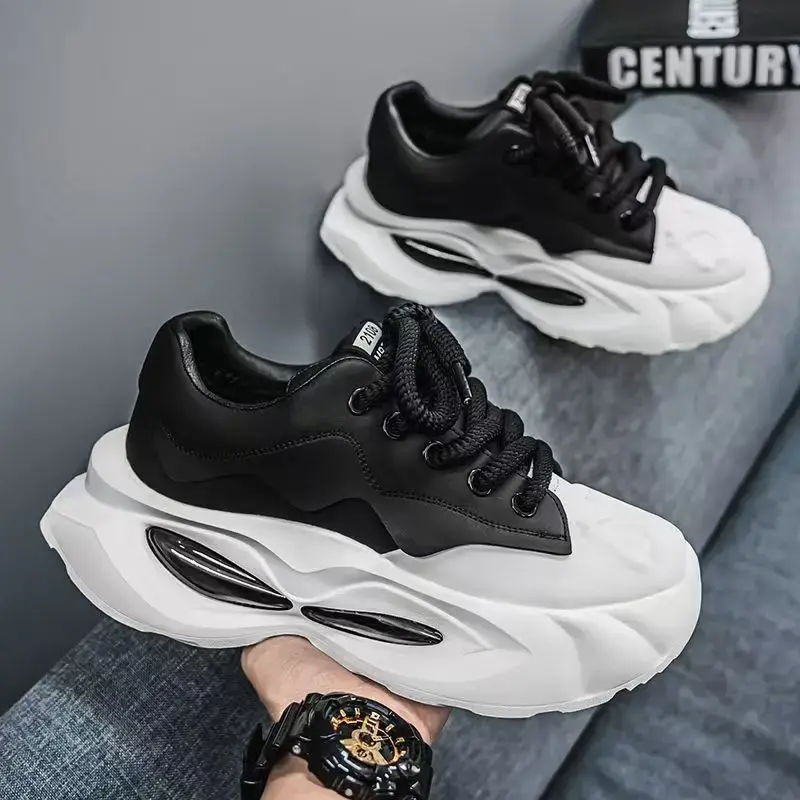 Chunky Sneakers Men Designer Soft Sole Sport Shoes Fashion Casual Microfiber Leather Upper Height Increased Platform White Shoes