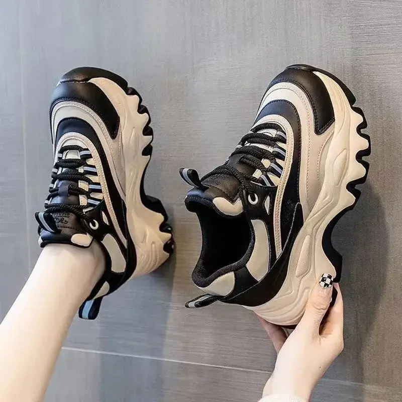 Sneakers Women Casual White Shoes 8CM Fashion Height Increasing Thick Bottom Spring Platform Leather Woman Chunky Sneakers