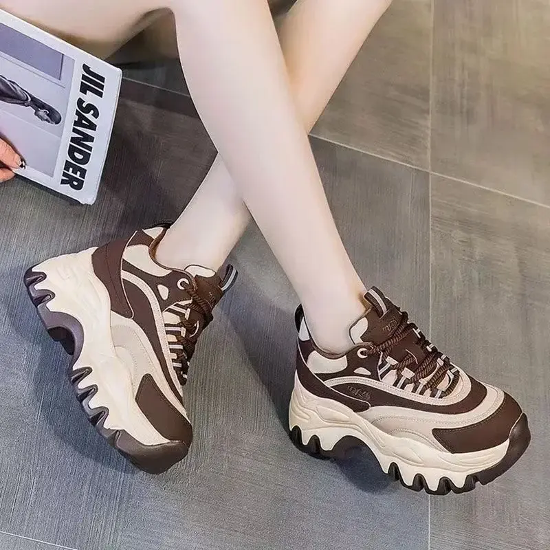 Sneakers Women Casual White Shoes 8CM Fashion Height Increasing Thick Bottom Spring Platform Leather Woman Chunky Sneakers