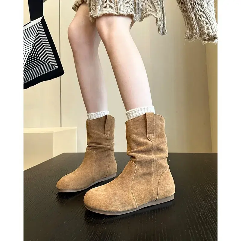 Women's Fashion Thick Heels Ankle Boots Soft Sole Pleated Ankle Boots Western Boots Woman Autumn Slip on Pile Short Botas Mujer