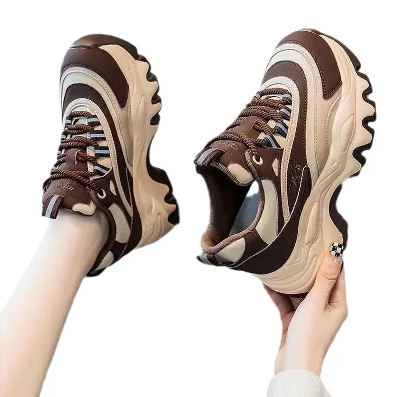 Sneakers Women Casual White Shoes 8CM Fashion Height Increasing Thick Bottom Spring Platform Leather Woman Chunky Sneakers