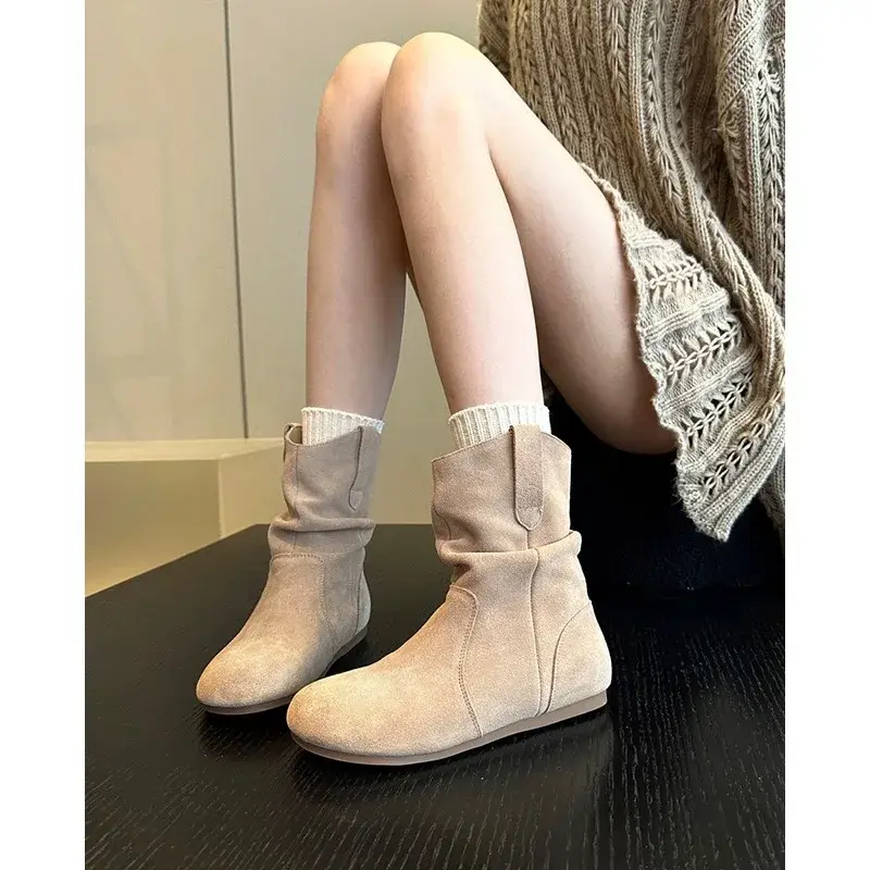 Women's Fashion Thick Heels Ankle Boots Soft Sole Pleated Ankle Boots Western Boots Woman Autumn Slip on Pile Short Botas Mujer
