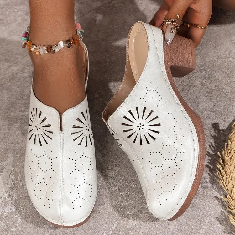Women Shoes Hollow Out High Heeled Thick Soled Cork Wedge Women Sandals Summer Cute Slides Women Slippers Zapatos De Mujer