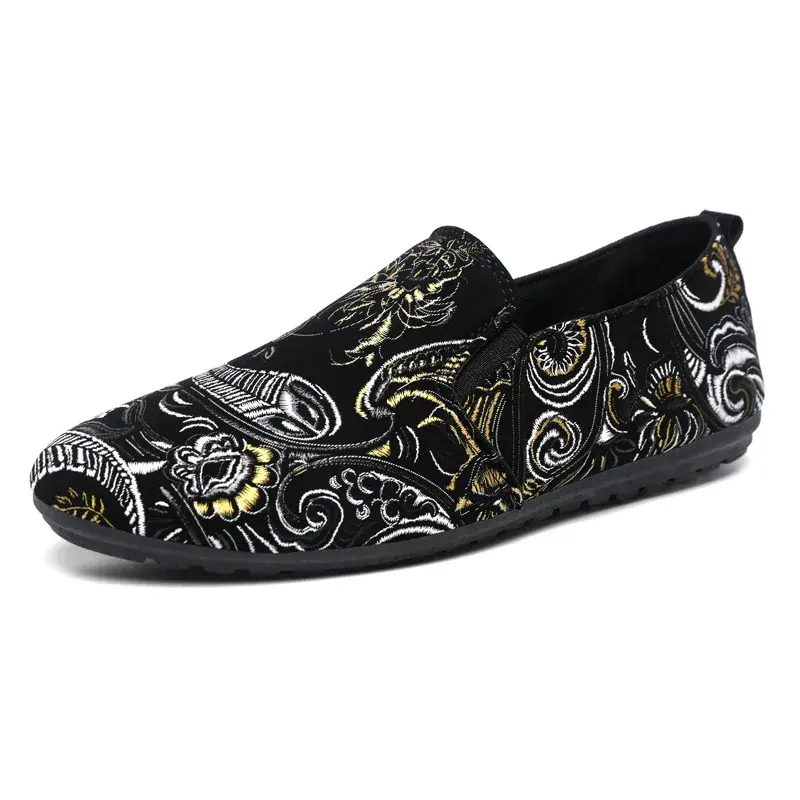 Men's Popular Bean Shoes One Foot Lazy Shoes Versatile Breathable Casual Driving Cloth Shoes Street Style Flower Patterns 2025