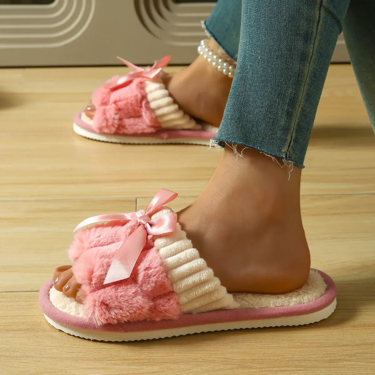 2025Bow Decorative Plush Slippers For Women Autumn Winter Warm Indoor Home Soft Sole Lightweight Slides Furry Cotton Shoes