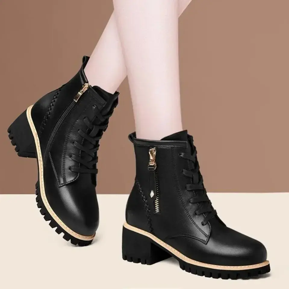 Ankle Boots for Women  Autumn Winter Thick Sole Lace Up Shoes Woman British Style Fashion Pu Leather Mid-tube Boots Mujer