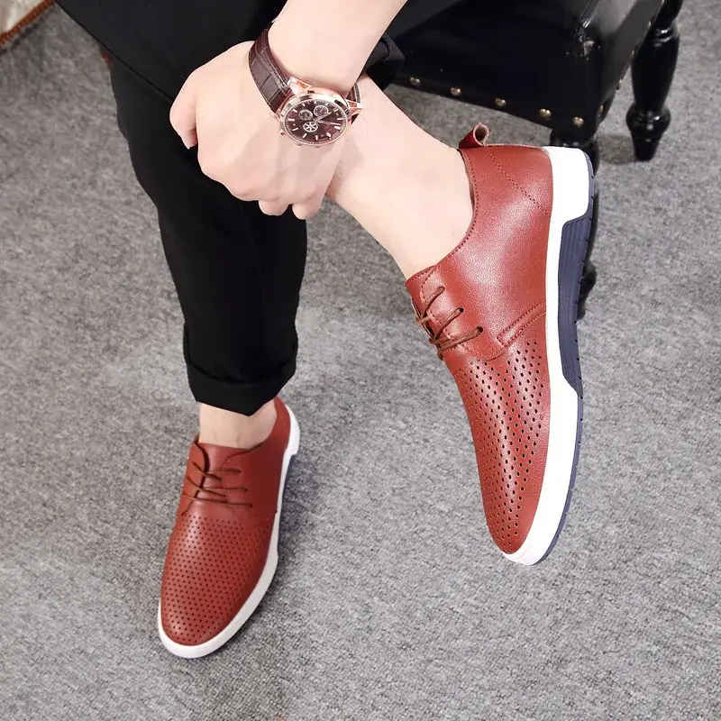 2025Summer Breathable Holes Soft Male Casual Leather Shoes Adult Luxury Brand Flat Footwear Comfortable Shoes For Men