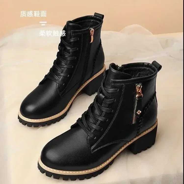 Ankle Boots for Women  Autumn Winter Thick Sole Lace Up Shoes Woman British Style Fashion Pu Leather Mid-tube Boots Mujer
