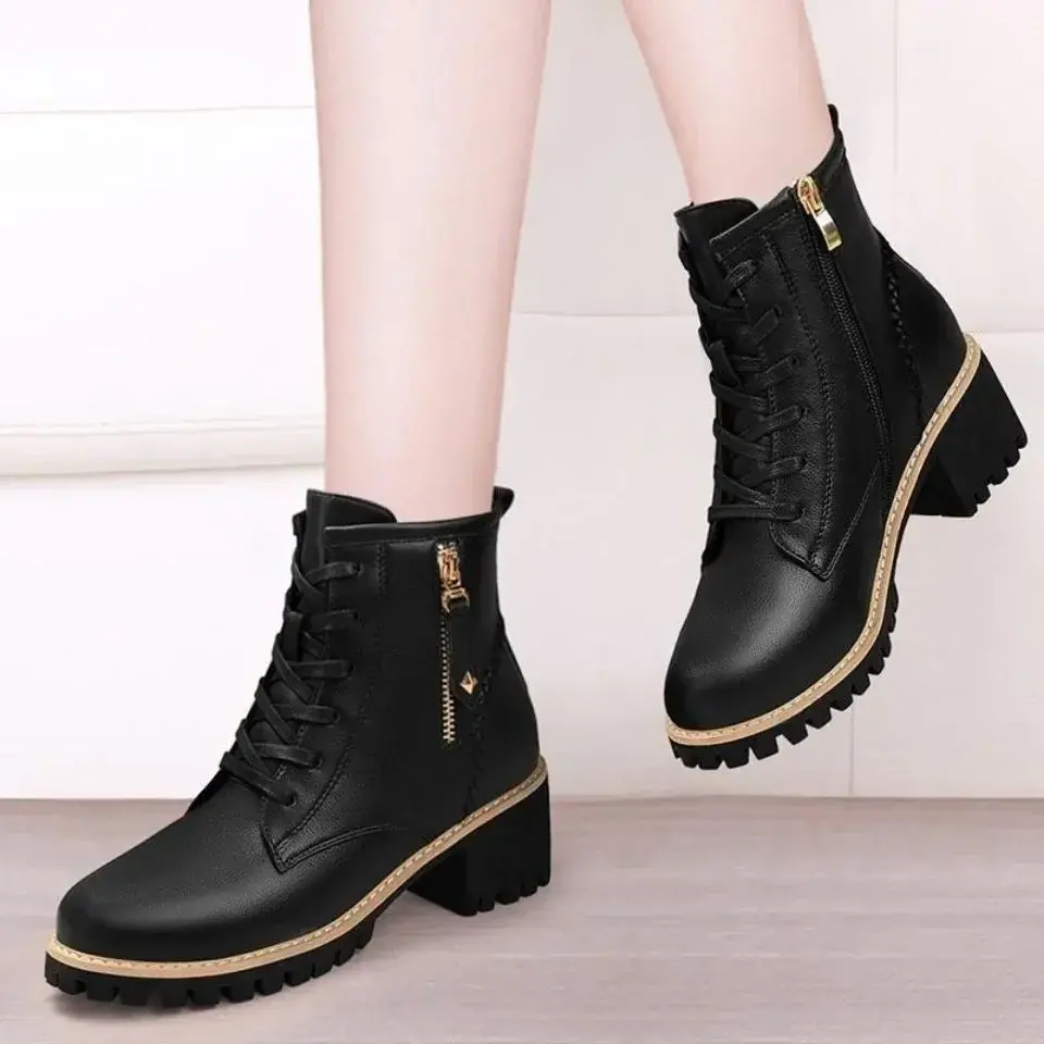 Ankle Boots for Women  Autumn Winter Thick Sole Lace Up Shoes Woman British Style Fashion Pu Leather Mid-tube Boots Mujer