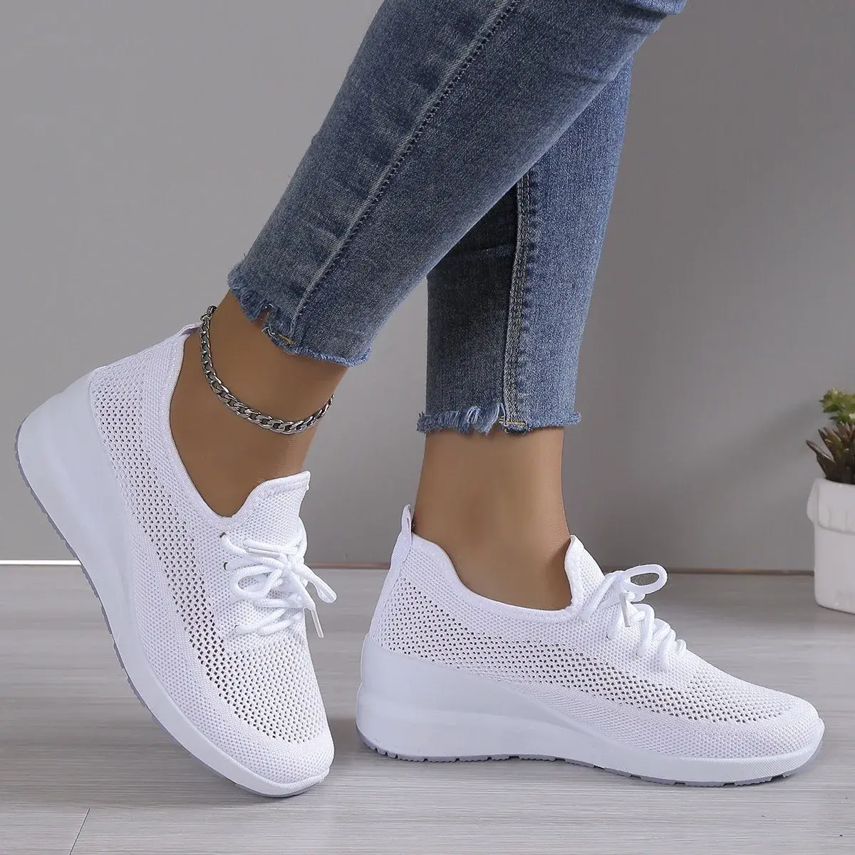 Breathable Wedge Sneakers Women Mesh Knitted Platform Sports Shoes Woman Casual Non-Slip Lace Up Tennis Shoes Ladies2025