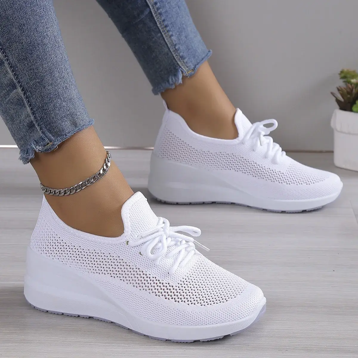 Breathable Wedge Sneakers Women Mesh Knitted Platform Sports Shoes Woman Casual Non-Slip Lace Up Tennis Shoes Ladies2025