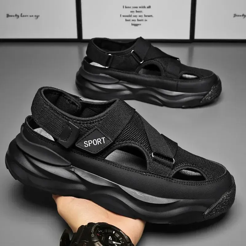 Shoes Men's  Summer Hollow Out Breathable Sandals Male Driving Sandals Thick Sole Anti Slip Baotou Sports Beach Slippers 2024