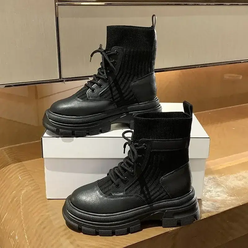 Women Boots Flying Weaving Autumn Winter New Round Toe Lace-up High Heel Comfort Short Boots Flat Heel Fashion Ankle Boots