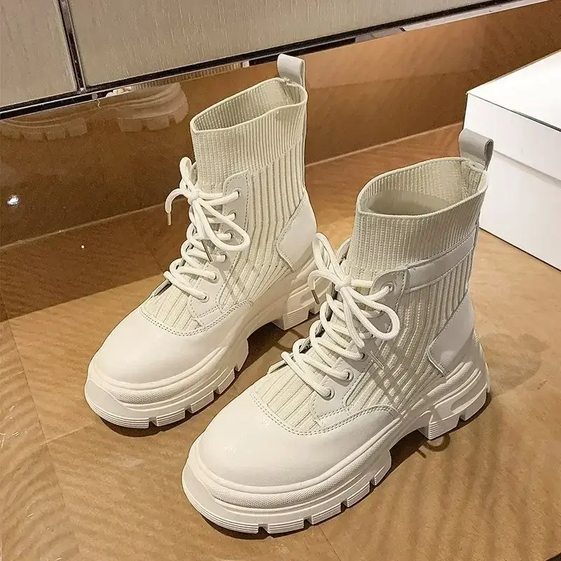 Women Boots Flying Weaving Autumn Winter New Round Toe Lace-up High Heel Comfort Short Boots Flat Heel Fashion Ankle Boots