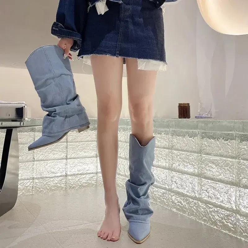 Pleated Blue Denim Boots Fashionable Women's Chelsea Boots Autumn Winter Mid-heeled Boots 2024 New Women Shoes Botas Altas Mujer