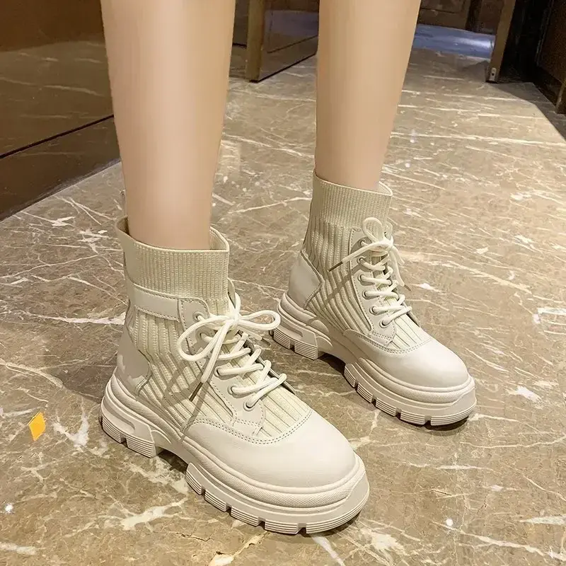Women Boots Flying Weaving Autumn Winter New Round Toe Lace-up High Heel Comfort Short Boots Flat Heel Fashion Ankle Boots