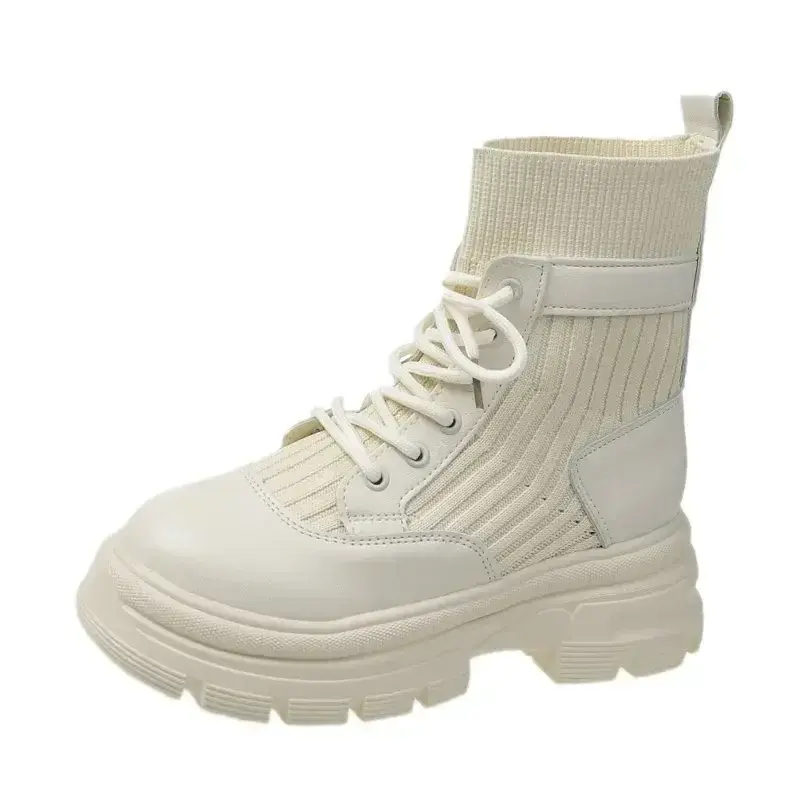 Women Boots Flying Weaving Autumn Winter New Round Toe Lace-up High Heel Comfort Short Boots Flat Heel Fashion Ankle Boots