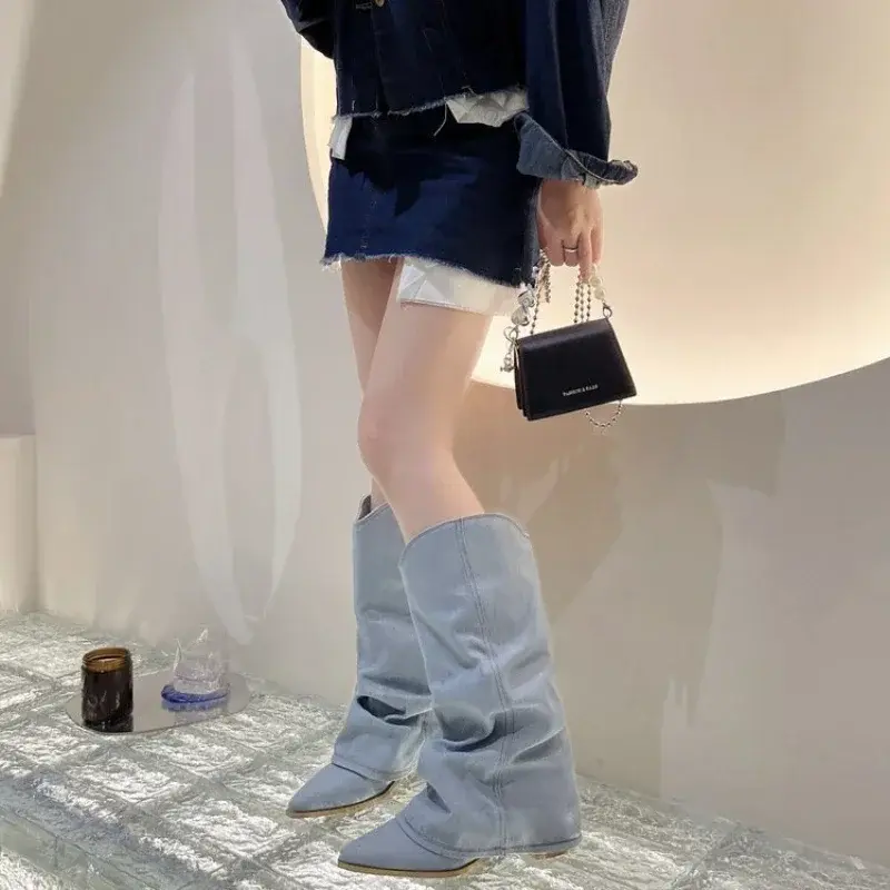 Pleated Blue Denim Boots Fashionable Women's Chelsea Boots Autumn Winter Mid-heeled Boots 2024 New Women Shoes Botas Altas Mujer