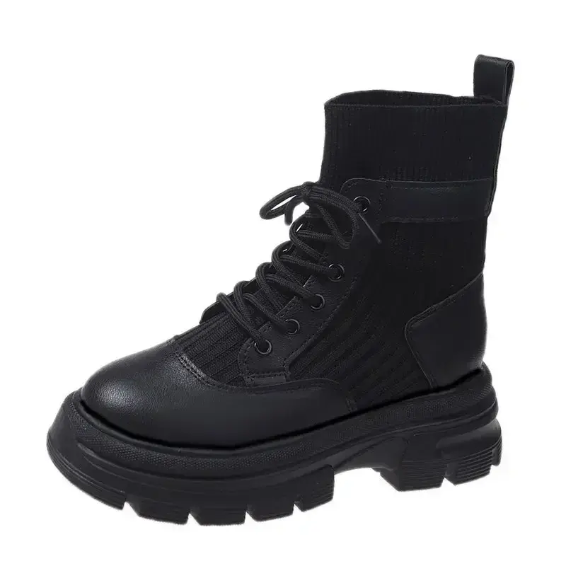 Women Boots Flying Weaving Autumn Winter New Round Toe Lace-up High Heel Comfort Short Boots Flat Heel Fashion Ankle Boots