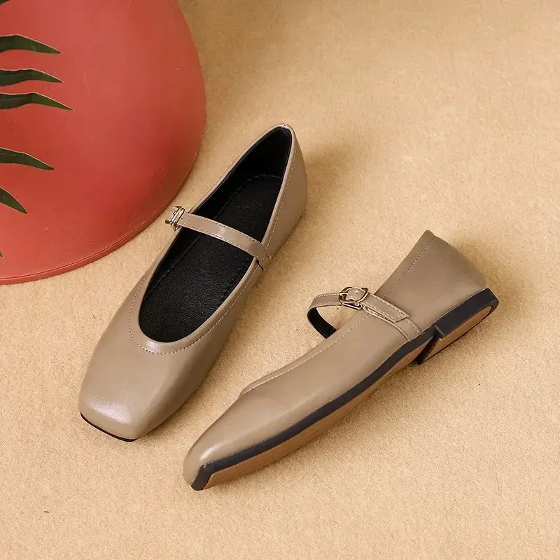 Mary Jane Shoes Female High Quality Leather Buckle Ballet Shoes for Women Square Toe Flat Cowhide Ladies Single Shoes 2025