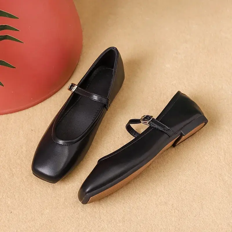 Mary Jane Shoes Female High Quality Leather Buckle Ballet Shoes for Women Square Toe Flat Cowhide Ladies Single Shoes 2025
