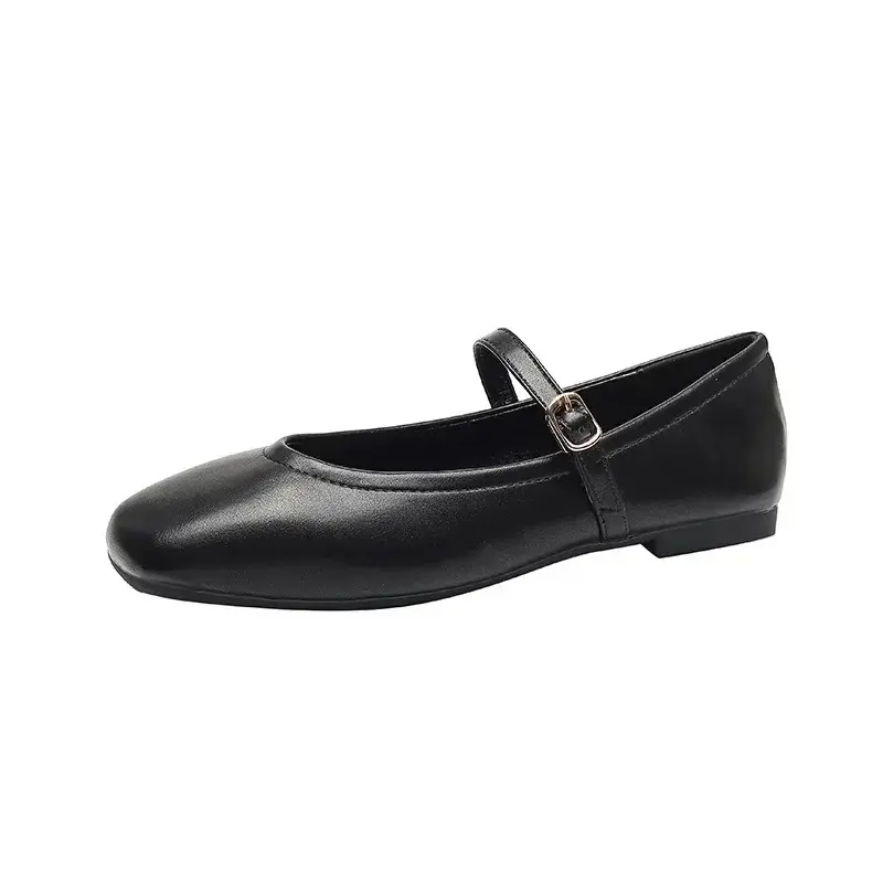 Mary Jane Shoes Female High Quality Leather Buckle Ballet Shoes for Women Square Toe Flat Cowhide Ladies Single Shoes 2025