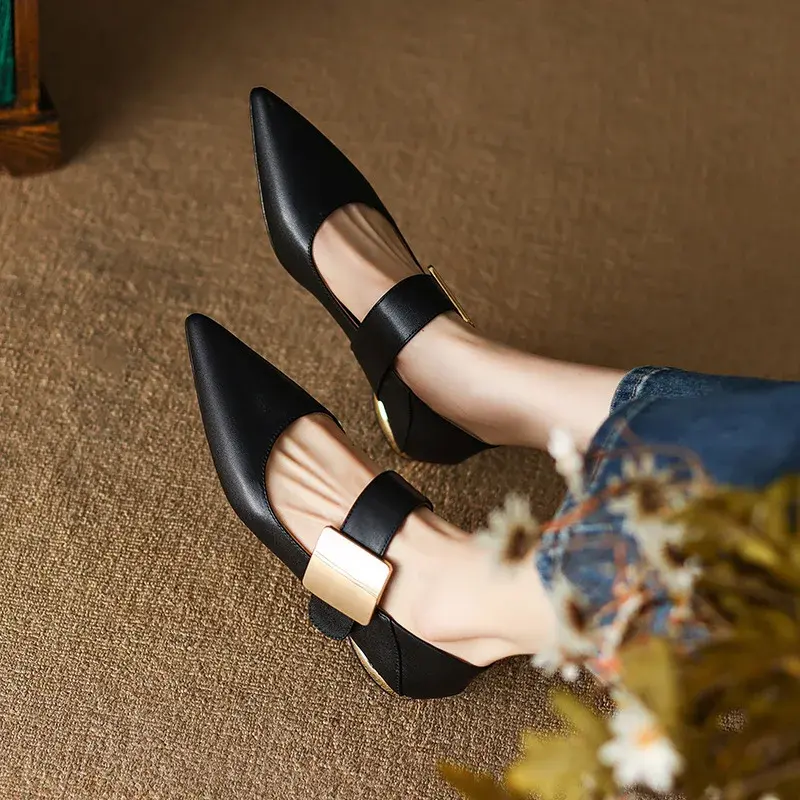 Women Nature Suede High Thick Heels SmallHut Black Apricot Square Toe Pumps Elegant Lady Metal Decoration Shoes 2025