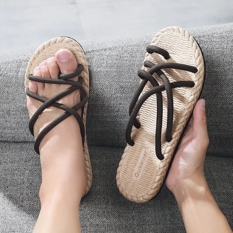 Roman Woven Rope Flip Flops Men's New Summer Fashion Retro Lightweight Flat Bottomed Slippers Outdoor Street Casual Shoes