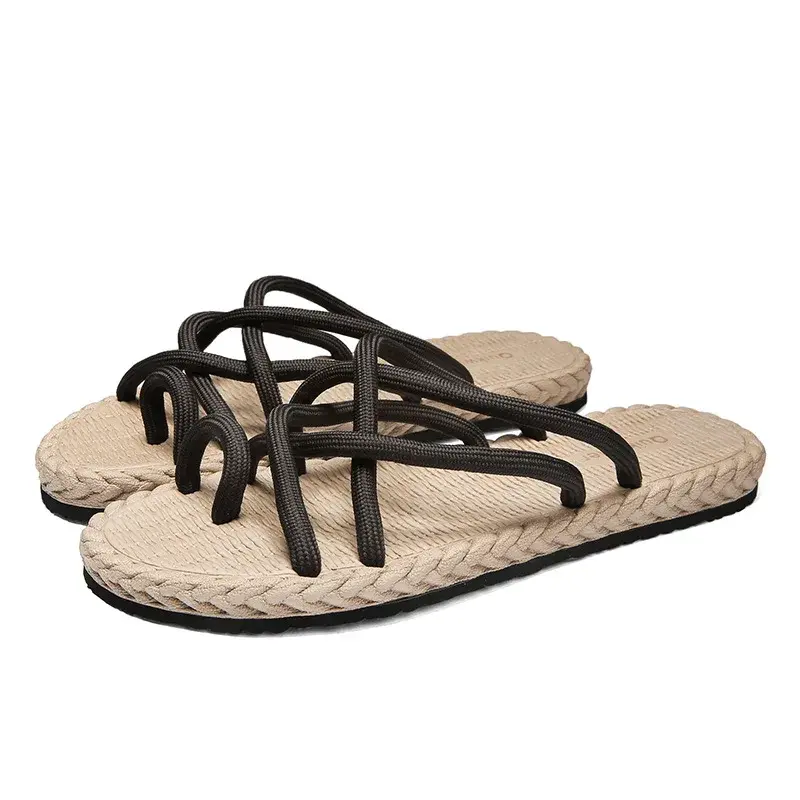Roman Woven Rope Flip Flops Men's New Summer Fashion Retro Lightweight Flat Bottomed Slippers Outdoor Street Casual Shoes