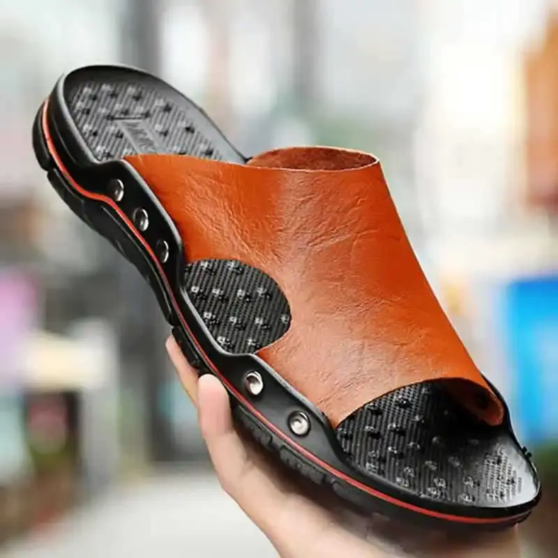 Sandals Men's Leather  Classic Summer Men Slippers Soft Original Sandals Real Leather Slippers Men Roman Outdoor Leather Slides