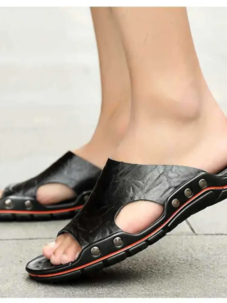 Sandals Men's Leather  Classic Summer Men Slippers Soft Original Sandals Real Leather Slippers Men Roman Outdoor Leather Slides